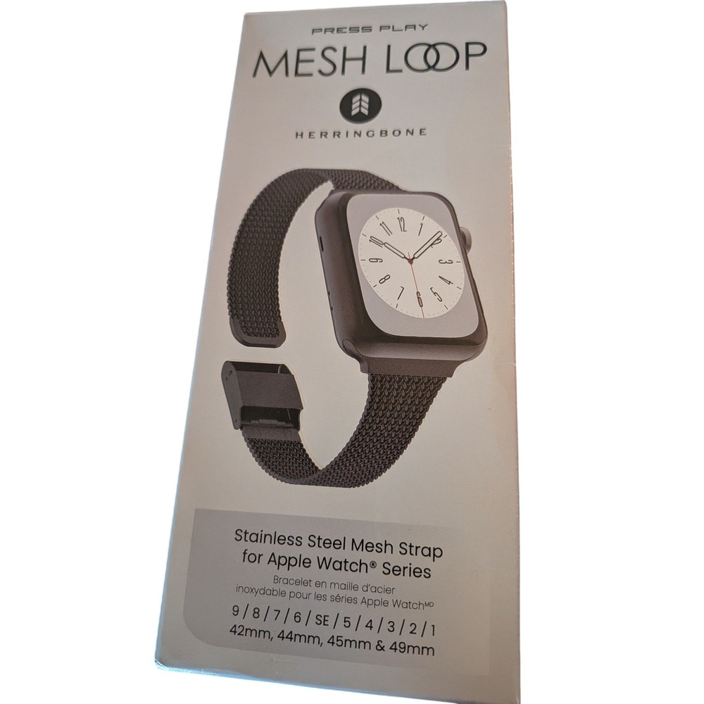 Press‎ Play Herringbone Mesh Loop Apple Watch Band Stainless Steel Black 42-49mm